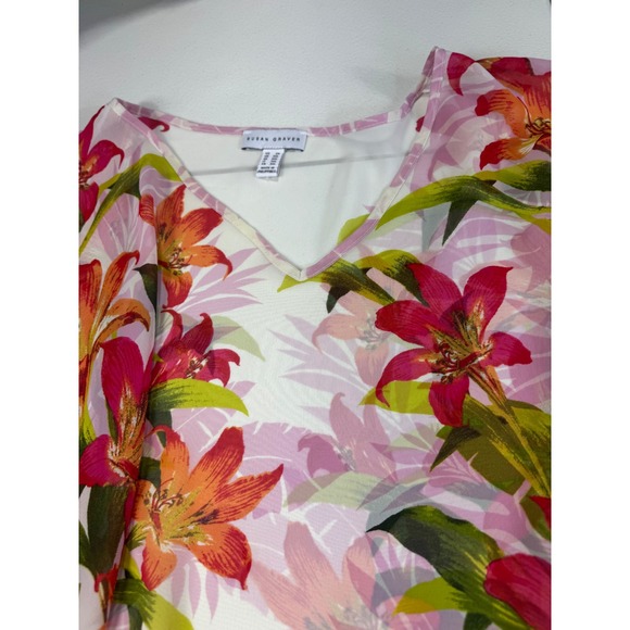 Susan Graver Floral Print V Neck Caftan Top 2X 3XL Pink Orange Green - Picture 8 of 13